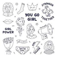 Lovely sketch sticker set for feminism movement, women rights, equality, gender solidarity. Cute hand drawn line collection for social media, poster design with trendy doodle of Girl Power. vector