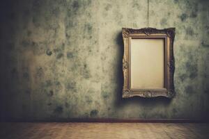 Ornate brown gold frame at grunge wallpaper. Vertical empty frame. photo