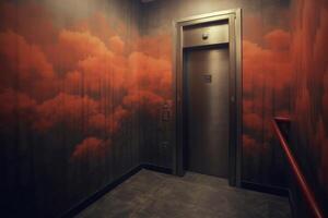 A modern apartment building elevator lobby featuring. The wall design and warm lighting create an inviting and upscale atmosphere. photo