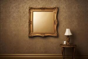 Mockup blank space in classic gold wooden square louise style frame hanging isolated on luxury backgrounds. Empty single vintage golden square frame in room. Lamp on the table. photo