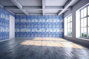 Room with a blue patterned walls and parquet floor. The room is empty and devoid of furniture or decoration. Light falls through the windows. photo
