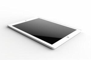 White tablet computer with blank screen mockup lies on the surface, isolated on white background. Black empty screen. photo