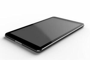 New version of premium tablet in trendy thin frame design. Empty black screen tablet computer isolated on white background. photo