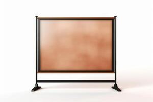 Brown empty board with legs. Notice or advertisement board isolated on white background. photo