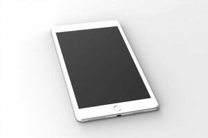 White tablet computer with blank black screen mockup lies on the surface, isolated on white background. Whole image in focus, high quality. photo