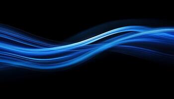 Glowing blue light streaks on a black background evoke a sense of futuristic technology. Horizontal lines create depth and speed,. photo