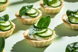 A delicate arrangement of spring mini tarts, each filled with creamy ricotta cheese, fresh spinach leaves, and thinly sliced cucumbers. photo