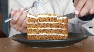 Enjoying a delicious layered carrot cake slice video