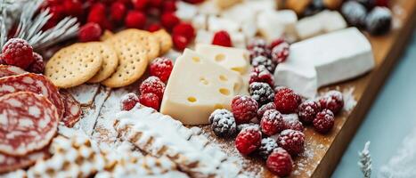 A platter of cheese, crackers, and other foods photo