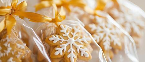 Several gingerbread cookies are wrapped in clear bags photo