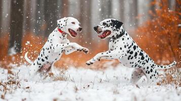 Dalmatians Playing in Snowy Meadow photo