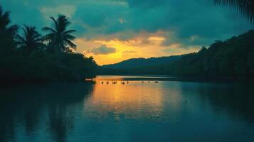 Flamingos at Dusk in Serene Lagoon photo