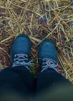pair of black boots stand on dry grass with the laces tied in a simple knot. High quality photo