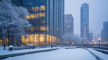 Snowfall on Glass Skyscraper photo