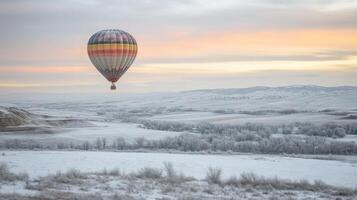 Colorful Balloon Over Snowy Countryside photo