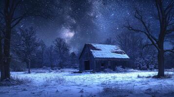 Cabin in Snowy Woods Under Stars photo