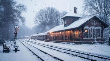 Passengers at Snowy Train Station photo