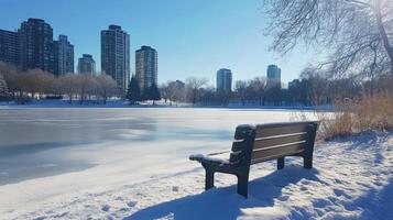 Snowy Park Bench by Frozen Lake photo