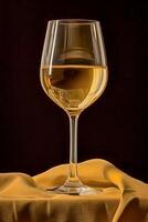 Glass with white wine on the table with drapery. Bar theme. Alcoholic drink. 3d rendering. Black background. photo