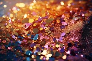 Bright colorful sparkling glitter, closeup. Background for party invitations or holiday cards. Glitter texture background. photo