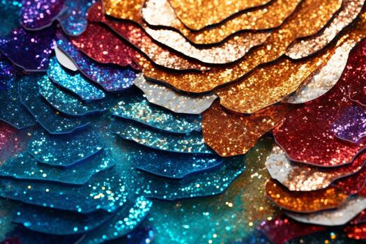 Blue, pink and yellow sequins, shining sparkles background from pieces. Glittered texture background. photo