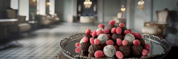 Luxurious dark chocolate truffles with lychee fruits in vintage parlor setting photo