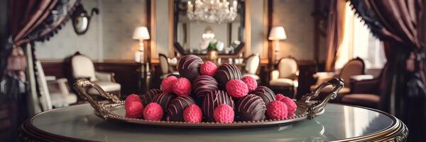 Luxurious dark chocolate truffles and pink lychee fruits in vintage parlor photo