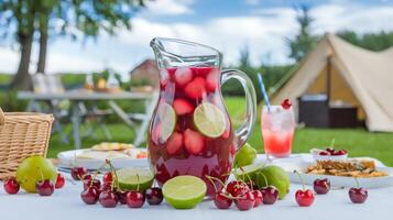 Cherry limeade pitcher surrounded by cherries and limes at a picnic photo