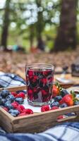 Mixed berry juice with berries on a wooden tray at a forest picnic photo