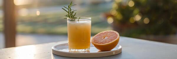 Grapefruit rosemary juice with rosemary sprig on ceramic dish in sunlit patio photo