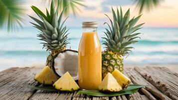 Pineapple-coconut juice bottle surrounded by pineapple chunks and a coconut half on a rustic wooden table at a tropical beach photo