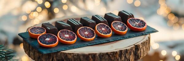 Dark chocolate and blood orange slices on slate board with snowy outdoor backdrop photo