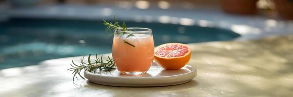 Glass of grapefruit rosemary juice with sprig and halved grapefruit on a patio photo