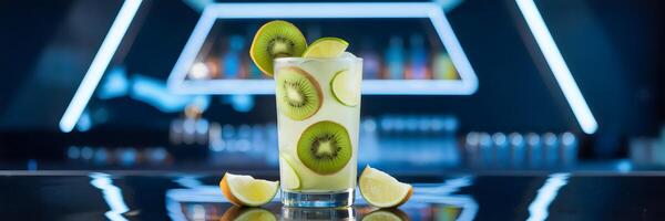 Tall glass of kiwi lime cooler with kiwi slices, lime wedges photo