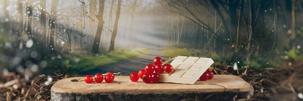 White chocolate and red currants on ground with woodland background photo