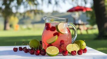 Cherry limeade pitcher with cherries and limes on a green lawn with trees photo