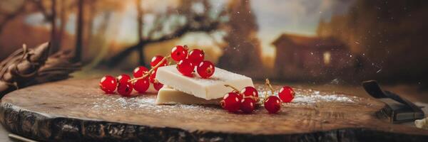 White chocolate with red currants on rustic cutting board photo