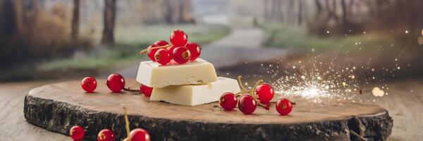 White chocolate and red currants on cutting board with woodland background photo