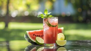 Glass of watermelon lime juice with mint sprig and fresh fruit on marble surface photo