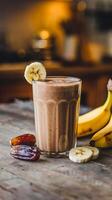Banana date smoothie on a rustic wooden table with dates and banana slices photo