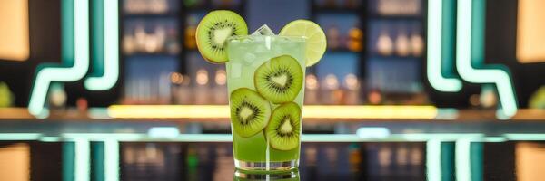 Tall glass of kiwi lime cooler with green liquid, kiwi slices, lime wedges, and neon bar background photo