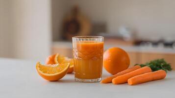Orange and carrot juice with orange slices and carrot sticks on a minimalist white countertop in an indoor kitchen photo