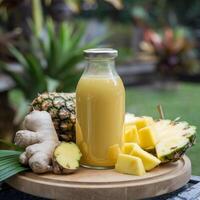 Ginger pineapple juice in a glass bottle with ginger and pineapple in a garden setting photo