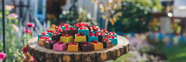 Dark chocolate squares with pomegranate seeds on wooden plate in sunlit garden photo