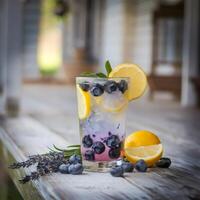 Blueberry lavender lemonade in a tall glass on a wooden surface photo