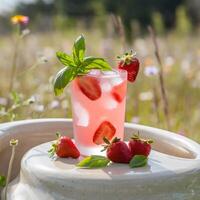 Strawberry basil cooler with fresh strawberries and basil leaves photo