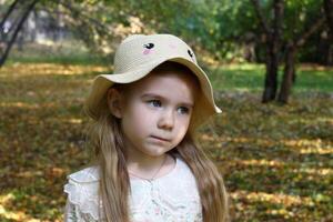 Portrait of little girl in a straw hat and floral dress standing in a park on warm autumn weather. photo