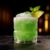 Iced Green cocktail with a straw on the table. Green margarita liquor ice mint lime. photo