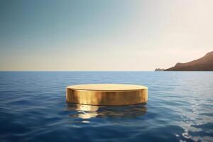 Golden podium standing in sea water. 3D Podium mock up. Ceramic background cylinder. 3d rendering illustration. photo