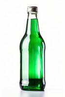 Glass bottle with green liquid with cork. photo